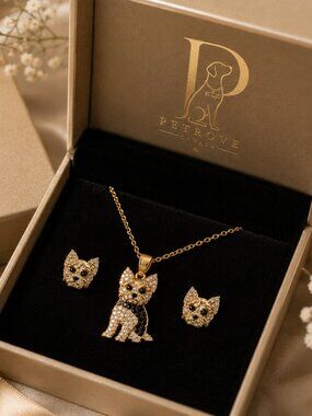 PETROVE Yorkie Necklace & Earrings Set – Gold Crystal Dog Lover Jewelry Gift